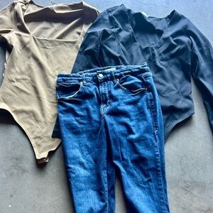 Black and Tan Bodysuits with Blue Jeans